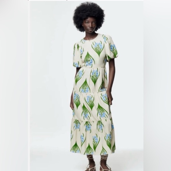 Zara Cream Backless Dress with Green and Blue Floral Design Medium - Picture 4 of 7